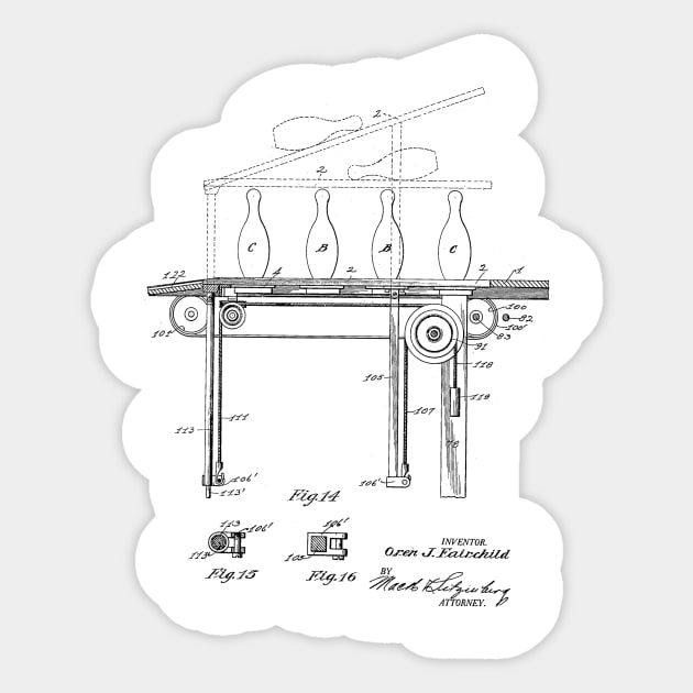 Automatic Bowling Mechanism Vintage Patent Hand Drawing Sticker by TheYoungDesigns